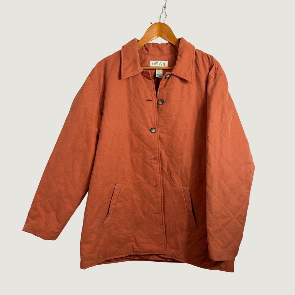Orvis Quilted Barn Jacket Women XL Orange Button Up Pockets Outdoor Classic
